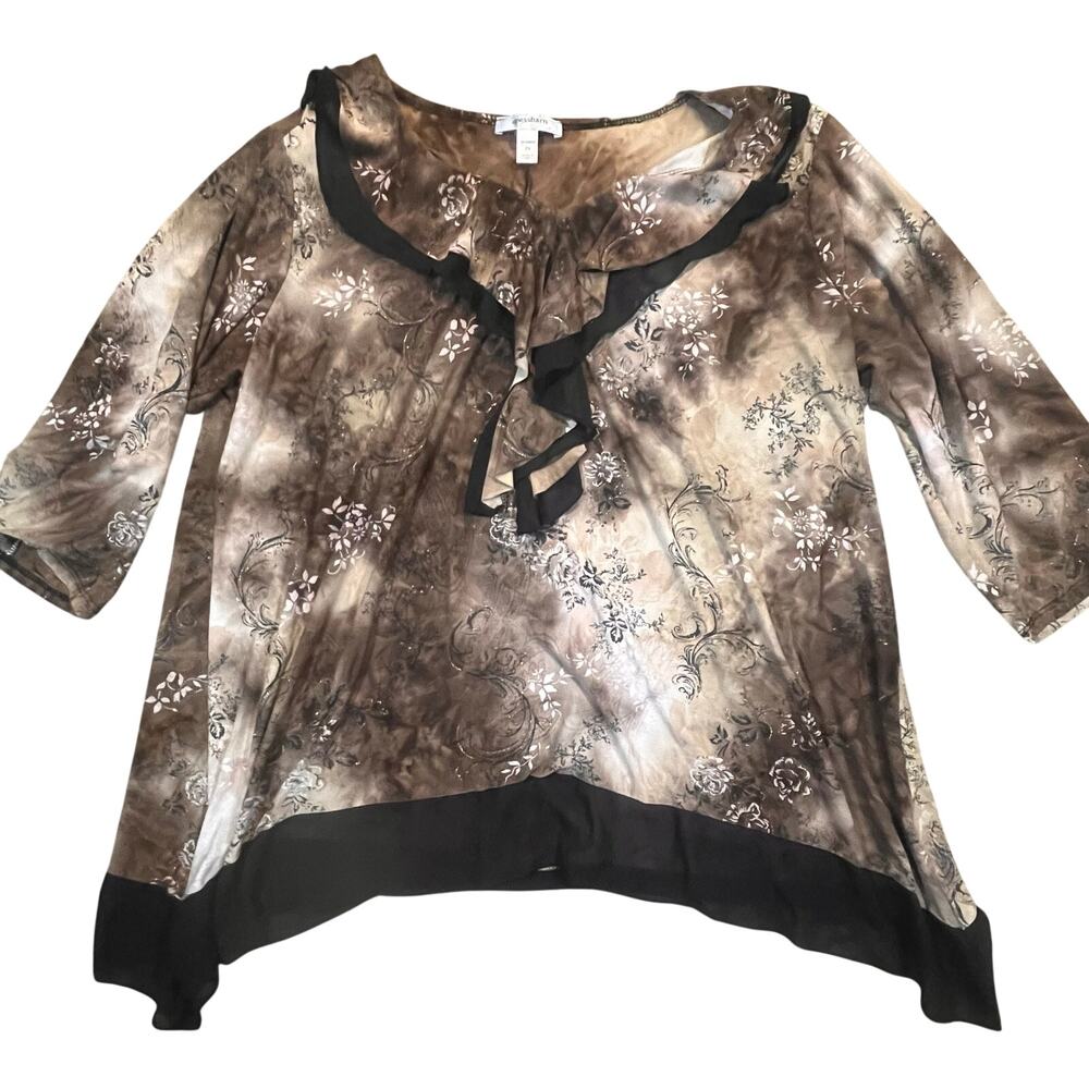 Dressbarn 2X Goth Fairycore Floral Ruffle Blouse Brown Sheer Hem Boho‎ Top USA